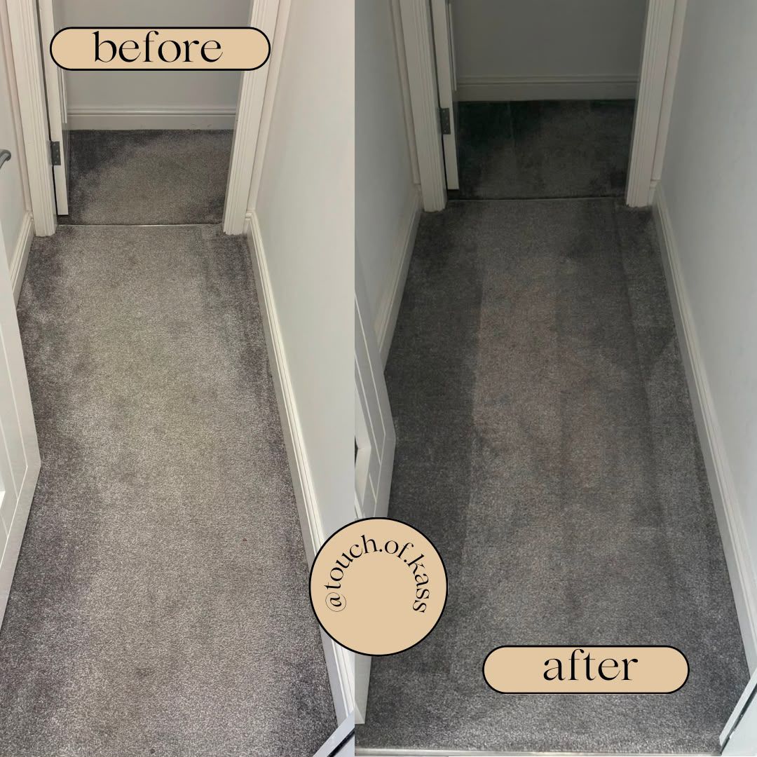 Hallway carpet before and after professional cleaning by Touch of Kass
